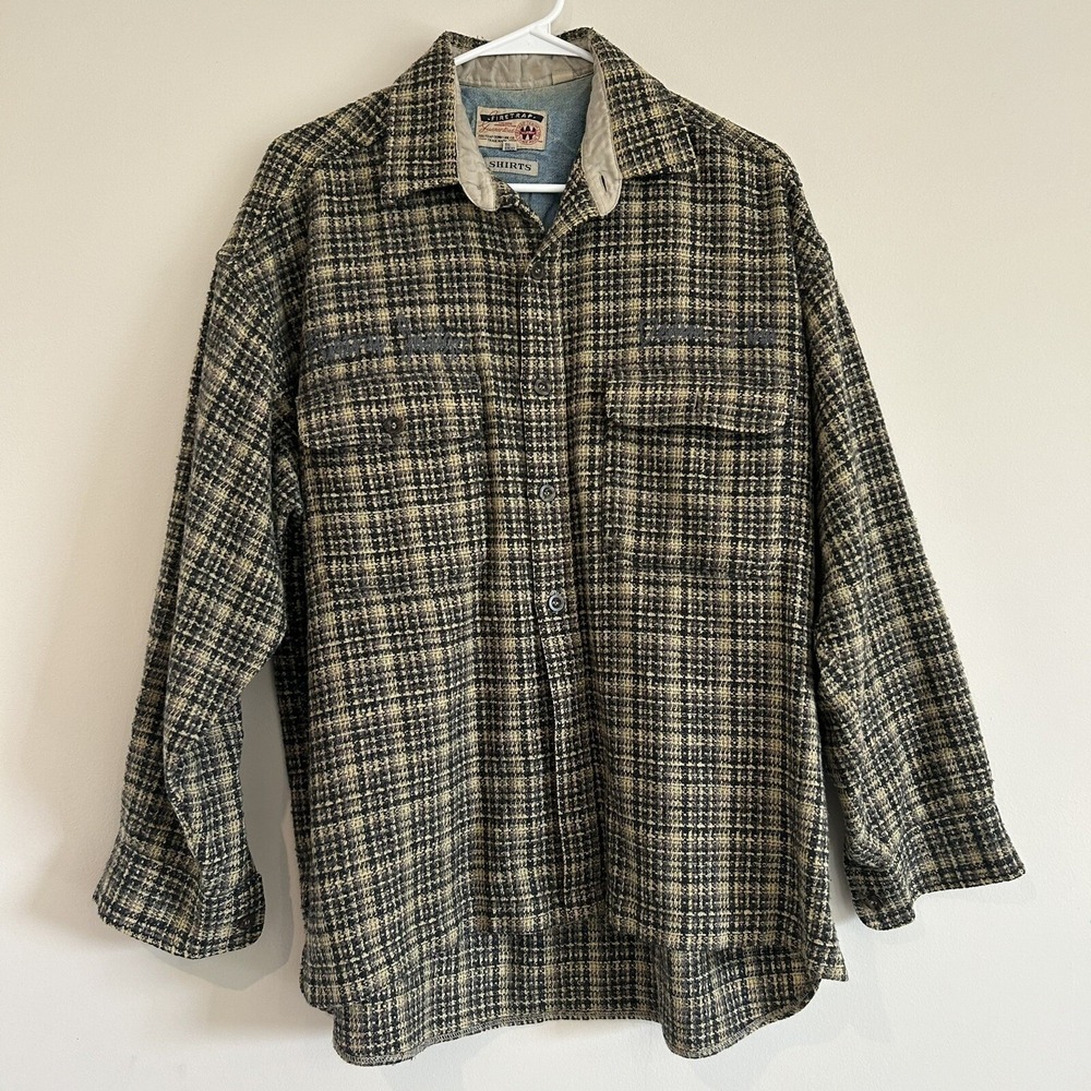 Vtg Firetrap Indigo Plaid Shirt Sz L Grunge Denim Line Wool Blend Button Up